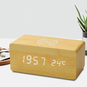 Wooden LED Digital Alarm Clock With Qi Wireless Charging Pad