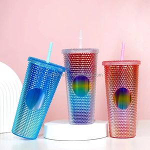 Studded plastic tumblers with straws-Multicolor