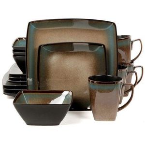 24 Piece Square Plates Cups Bowls Dinner Set - Dirty Blue.