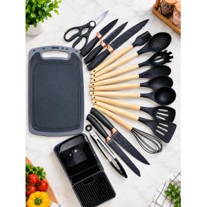Complete Multi-Piece Silicone Kitchen Utensil, Knife Set & Cutting Board with Countertop Caddy