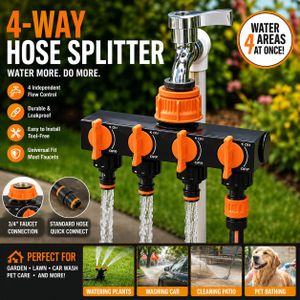 4-way outdoor water pipe diverter with independent on/off valve, suitable for lawn, garden, car wash, swimming pool