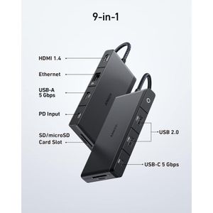 Anker  552 USB-C Hub 9-in-1 with 100W Power Delivery, 4K,30Hz HDMI, 4 USB-C and USB-A Data Ports, Ethernet and SD, microSD Card Slot for MacBook, HP, Dell Laptops, and More