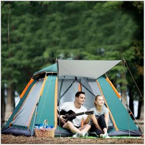 4 people automatic pop-up camping tent features a beige design with a hexagonal dome shape and an integrated awning.