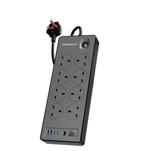Powerology 2990W Power Strip with 8 AC Outlets 2 USB A + 2 USB C PD Ports, Surge Protector, 2m Heavy Duty Extension Cord, Overload Protection, Wall-Mountable Multi Plug for Home, Office and Electronics