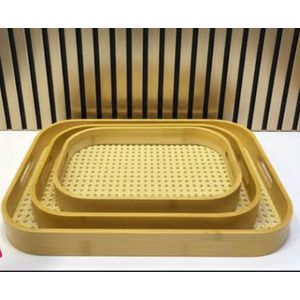 3-Piece Bamboo Serving Tray Set – Nested Woven Rattan-Style Bottom Trays – Natural Wooden Food Serving Trays