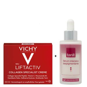 tanit Depigmenting Serum for Removing Dark Spots & Marks + VICHY Vitamin C, Niacinamide B3 Collagen Specialist Creme. Treats & Removes dark spots, Hyperpigmentation, Melasma, Freckles, Sun & Age spots, Acne scars, Evens, Prevent Aging, Moisturizes & Unifies