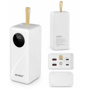 Recrsi 50,000mAh Power Bank – 22.5W Fast Charging, Circular Digital LED Display & Carrying Handle. white