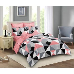 4-Piece 5x6 Geometric Triangle Duvet Set – Pink, Black & Grey (1 Duvet, 1 Flat Sheet, 2 Pillowcases)