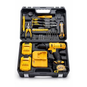MDHL cordless drill set includes a yellow and black drill driver, two rechargeable battery packs, and a desktop charger
