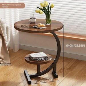 2 Tier Round C-Shaped End Table, Snack Side Table for Couch, Wood End Table for Small Space, Rustic Brown and Black C Table with Metal Frame, Sofa Side End Table- Brown