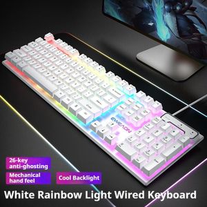 General GX30 wired backlit keyboard Cool backlight Ergonomic design Waterproof and dustproof Used for office and games-White rainbow light