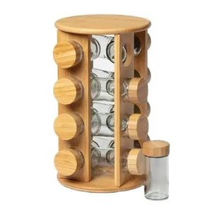 Kitchen Countertop Glass Rotating Airtight Seasoning Spice Rack 16 Spice Jars Storage  Revolving Bamboo Organizer Decorative Bottles- Multicolor