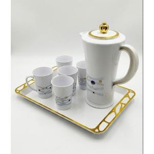 Luxury 7-Piece Melamine Water & Tea Serving Set – Elegant White & Gold Pitcher Jug, 5 Matching Cups, and Decorative Serving Tray