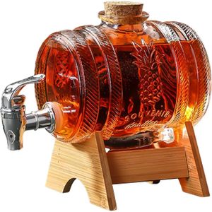 3.5L Glass Beverage Barrel Dispenser Liquor Whisky Decanter Carafe, Alcohol Dispenser Wine Barrel with Stainless Steel Faucet Tap & Wooden Stand Rack, For Water Beer Wine Whisky Lemonade Juice Party Drink 