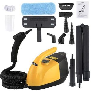 Handheld multifunction steam cleaner laid out with its original box and various accessory attachments, including extension poles, nozzle brushes, a measuring cup, and a blue microfiber cloth. Similar portable high-pressure steam cleaning systems