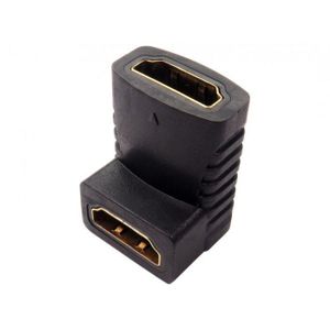 Pc 90° degree HDMI female-to-female adapter designed to connect HDMI cables in tight spaces, such as behind wall-mounted TVs. 