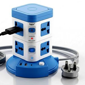 2-Tier Vertical Extention Cable And Power Strip Tower – 2500W Multi-Socket Surge Protector with Smart USB Ports & Retractable Handle