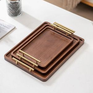Wooden Serving Tray Set / Nesting Dark Wood Coffee Trays with Gold Metal Handles