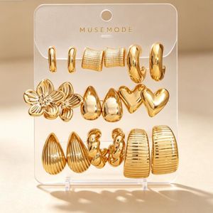 9 Pairs Women's Geometric Hoop Drop Shape Earrings Set - Gold
