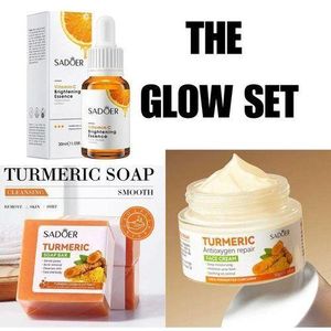 SADOER The Glow Set Kit Tumeric Soap,Vitamin C Brightening Serum and Moisturizing Tumeric Antioxygen Repair Cream