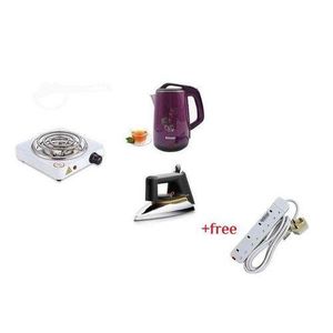 2.5L Kettle, Flat Iron, & Single Coil Hotplate Plus A Free 4 Way Extension-White
