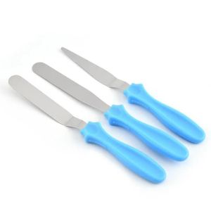 3-Piece Stainless Steel Palette Knife Set with Ergonomic Blue Handles.