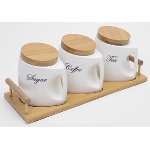 3 Piece White Ceramic Tea Coffee and Sugar Canister Set with Bamboo Base -750ml