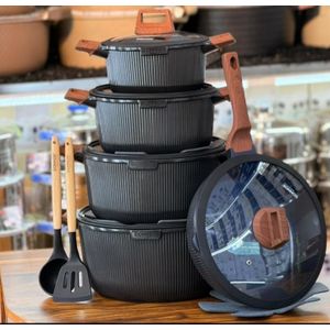 15-piece non-stick granite cookware set featuring a ribbed black finish and wood-effect handles.