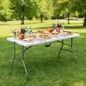 6-foot heavy-duty fold-in-half folding table featuring a high-density polyethylene (HDPE) plastic top and reinforced tubular steel legs. It is a versatile, portable option commonly used for events, picnics, and workspaces.