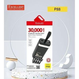 Excellent Power Bank Of 30000mAh With 4 Cables Usb Output Type C In And Led Light - Black/White.