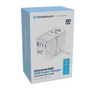 Powerology Universal GaN 85W Super Charger Retractable Type-C Cable White