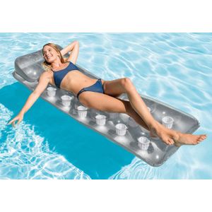 Intex 18-Pocket Suntanner pool floating loungers, featuring a built-in pillow and 18 clear vinyl pockets for holding drinks or snacks