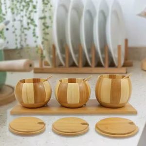  Three-piece set of natural bamboo spice jars comes with matching lids, spoons and serving tray-Brown