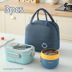 3pcs Lunch bag Set With Leakproof Bento Box And Soup Cup For Travel Work Outdoor - Blue