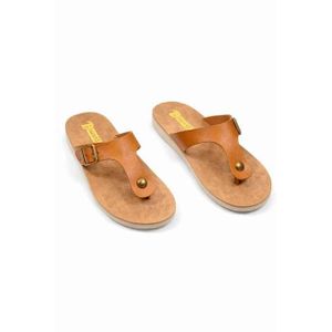 Classic Buckle Toe Ring Flat Sandals – Tan