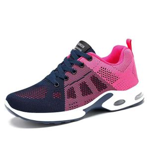 Blue-red women’s sport shoes with air cushioning, mesh upper, and casual design.