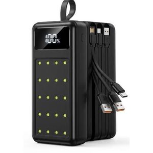High-Capacity 30000mAh Portable Power Bank Featuring 4 Built-In Charging Cables, Fast-Charging Output, Smart LED Digital Battery Display, Powerful Multifunctional Emergency LED Flashlight, and Flight-Approved Multi-Device Travel Compatibility Design
