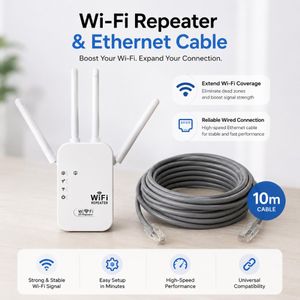 WiFi Repeater + 10M Ethernet Cable Package  WiFi Range Extender- White