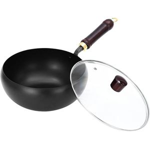 Multifunctional Egg Stir Fry Cast Iron Skillet, Japanese Iron Wok Pan, Cast Iron Braiser, Hand-Forged Non-Coated Frying Pan for Gas, Induction, Durable and Versatile Cookware With Comfortable Wooden And Glass Lid for Induction, Electric, Gas StovesHandle