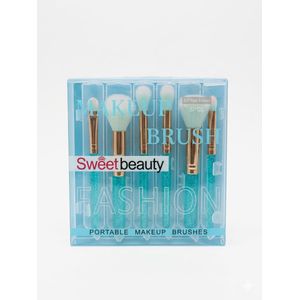 Sweet Beauty 6 Piece Portable Makeup Brush Set Glitter Teal Handles, Soft Fiber Cosmetic Tools with Travel Case