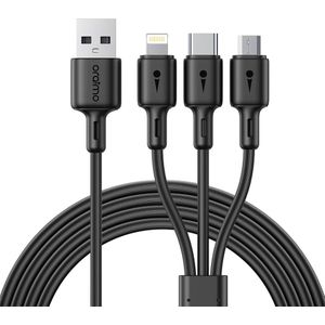 3 In 1 Charging Cable 3A Charging Cable With Micro Usb, Type-C And Lighting Port Compatible For Android, IOS And Type C Devices 1.2Mtr Long -Black