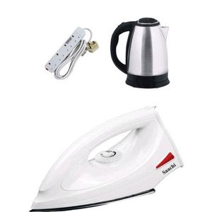 Saachi Flat Iron, Electric Kettle 2L & 4 Way Power King Extension Cable - Silver