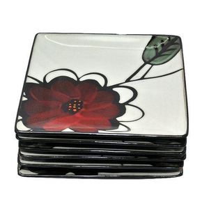 6 Pieces Square Red Flower Side Plates - Cream