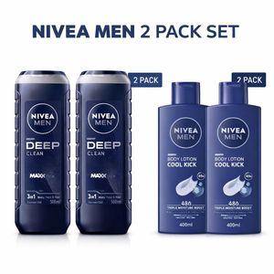 NIVEA Men Deep Clean Shower Gel 500ml (2 pack) + Cool Kick Lotion 400ml (2 Pack)