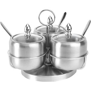 3 Pieces Sugar Bowl Set With Handle Transparent Lids And Tea Spoons-Silver
