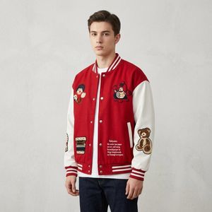 Unisex Cartoon Graphic Patchwork Varsity Bomber Jacket – Red / White   