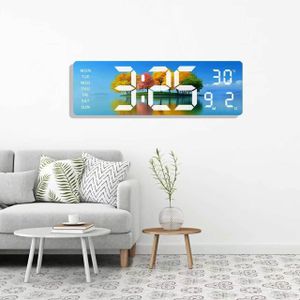 rectangular LED digital wall clock featuring bright white time digits and a scenic landscape background.