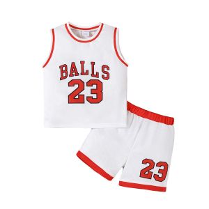 Catpapa 2 pieces of sports outfits for boys aged 3-8, stylish and cool, suitable for sports competitions-white clothes + red numbers