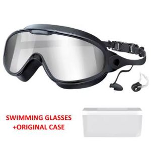 Large Frame Adult Swim Goggles Anti-Fog Wide View Coated Lens UV  Black-Silver 