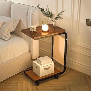 C-shaped sofa side table features a rich walnut wood-grain top, a lower storage shelf, smooth-rolling caster wheels, and a convenient side fabric magazine pocket
